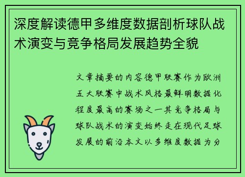 深度解读德甲多维度数据剖析球队战术演变与竞争格局发展趋势全貌 深度解读德甲多维度数据剖析球队战术演变与竞争格局发展趋势全貌