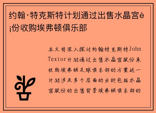 约翰·特克斯特计划通过出售水晶宫股份收购埃弗顿俱乐部 约翰·特克斯特计划通过出售水晶宫股份收购埃弗顿俱乐部